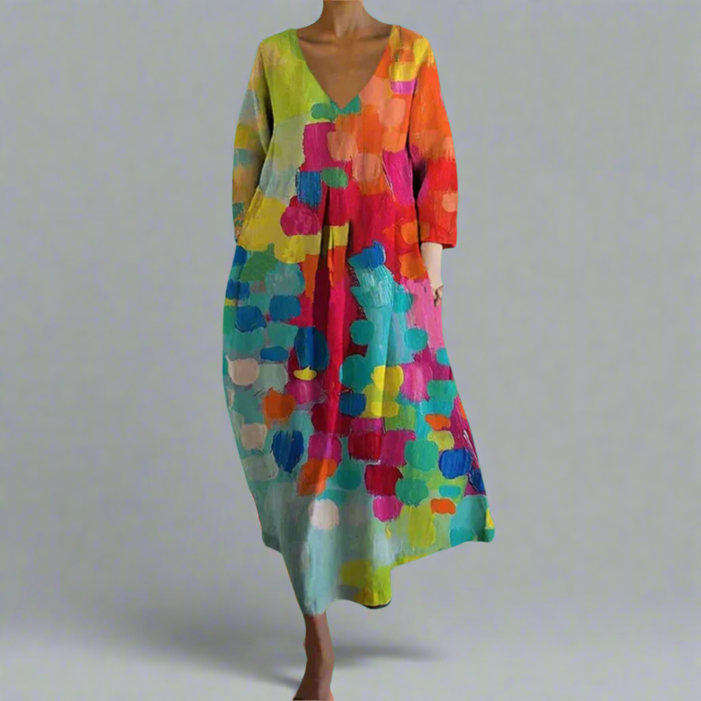 Robe maxi femme élégante et colorée à col V avec motif floral, parfaite pour l'été, le printemps et les vacances.