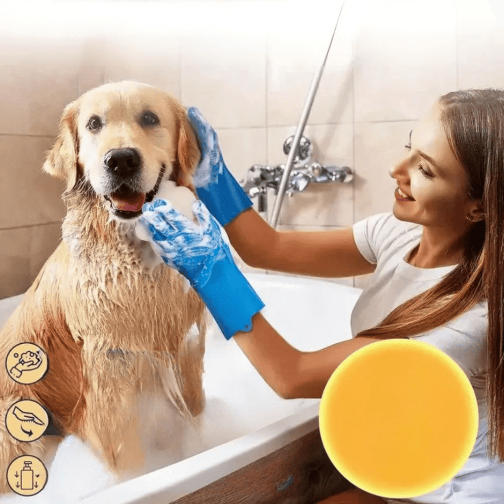 Paire de gants brosse en silicone pour démêler les poils des animaux de compagnie, offrant un massage relaxant et efficace.