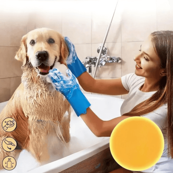 Paire de gants brosse en silicone pour démêler les poils des animaux de compagnie, offrant un massage relaxant et efficace.