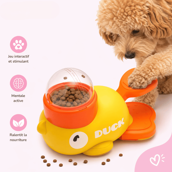 Jouet puzzle canard distributeur de friandises interactif pour chiens et chats.