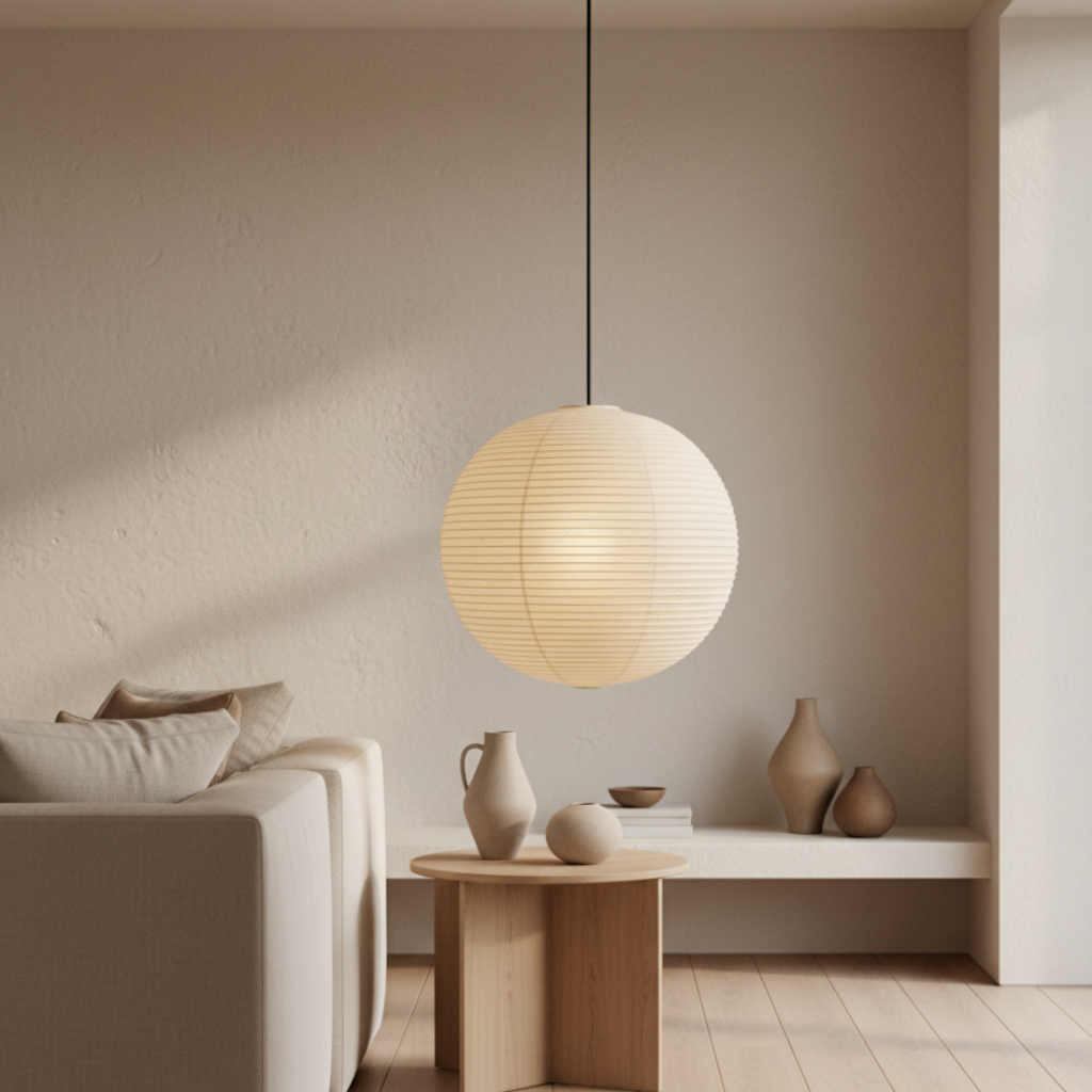 Akari suspension ronde. Éclairage salon, design moderne, style japandi élégant.