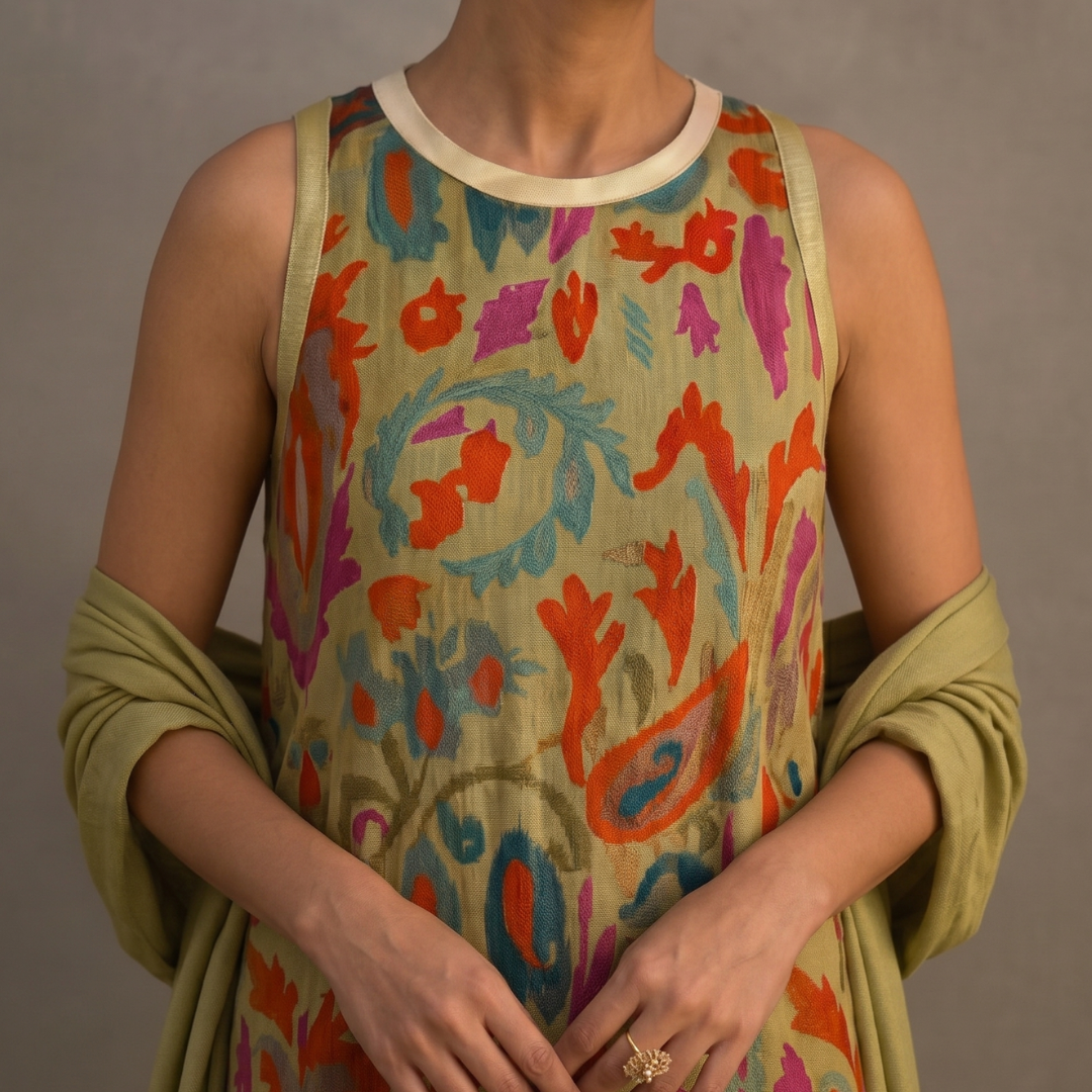 Robe longue femme à imprimé artistique, accompagnée de sa veste assortie. Ensemble élégant et moderne.