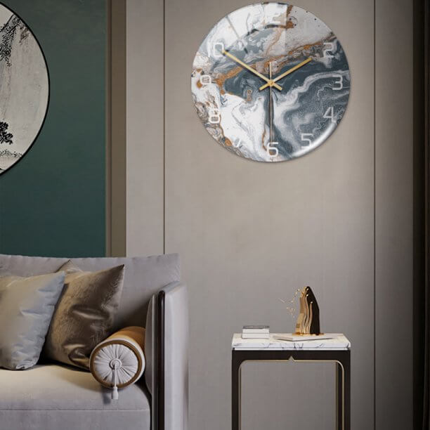 Horloge silencieuse Ø30 cm, design effet marbre pour cuisine, salon ou chambre.