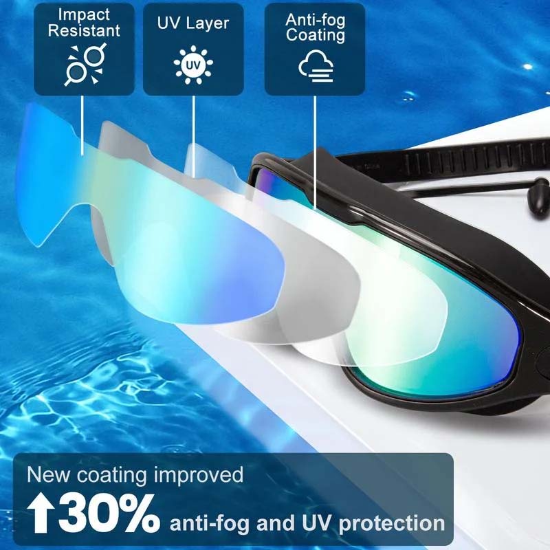Lunettes de natation performantes pour nageurs, anti-buée, étanches et offrant une vue large.