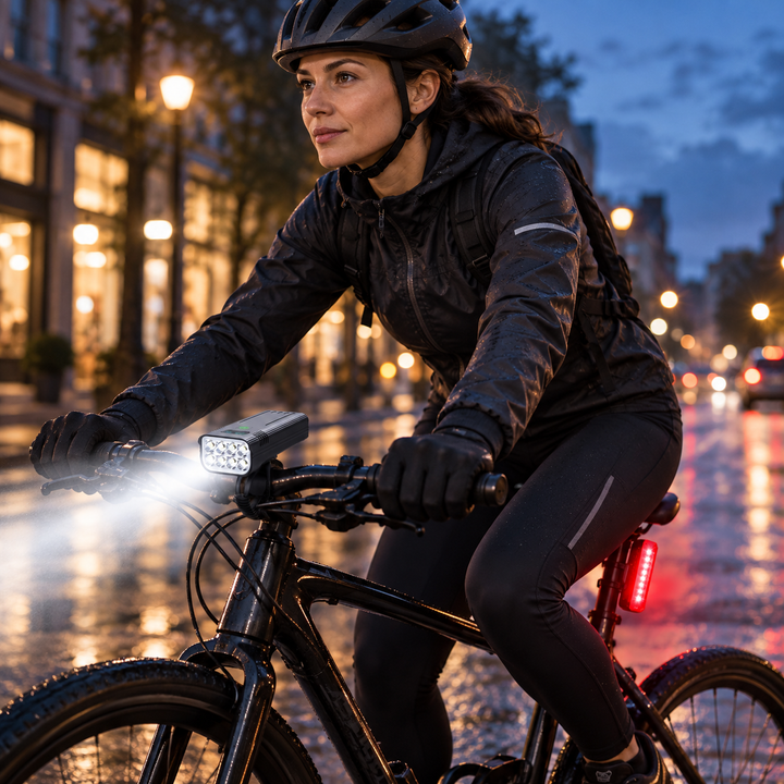 Kit complet lumières vélo LED 8000 lumens: feu avant et arrière rechargeable USB pour sécurité cycliste.