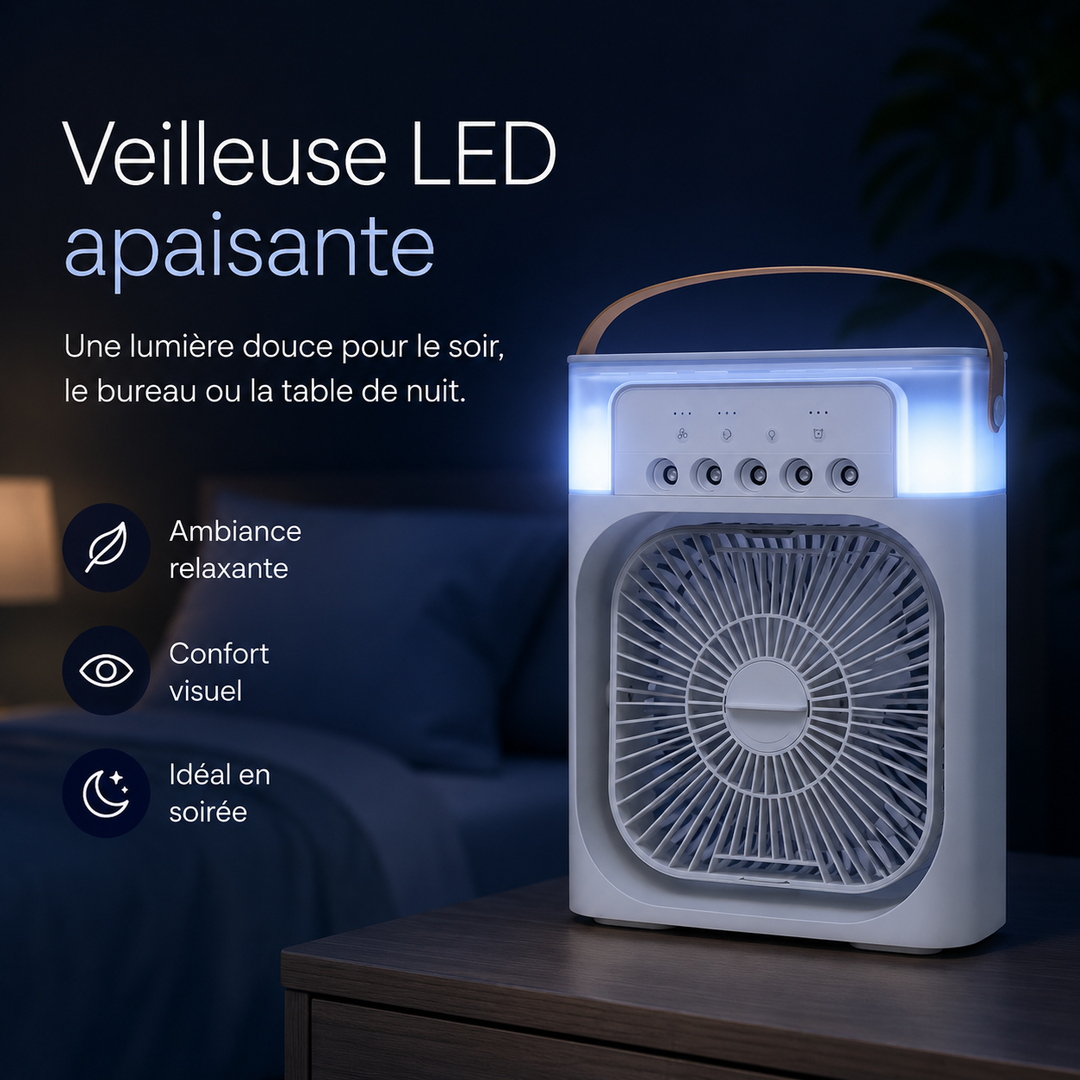 Appareil 3-en-1: ventilateur, brumisateur et rafraîchisseur d'air LED pour une fraîcheur estivale.