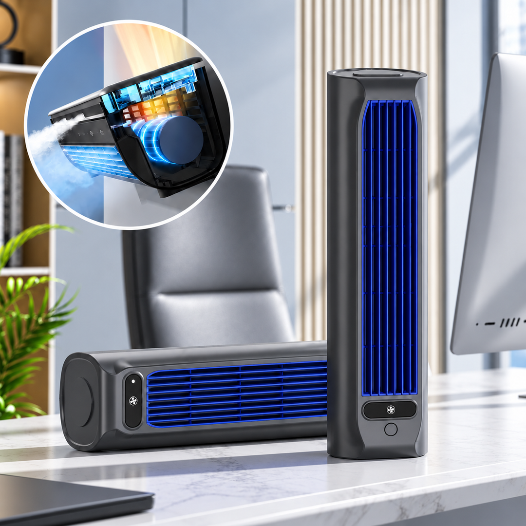 Ventilateur colonne portable rechargeable, apportant fraîcheur sans fil au bureau ou à la maison.