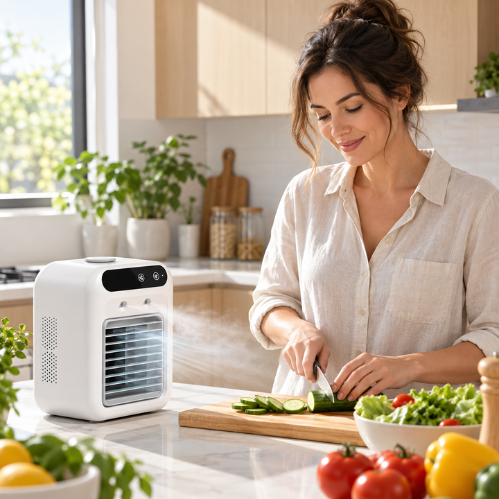 Mini climatiseur portable USB, assurant un air frais et humidifié, parfait pour les voyages.
