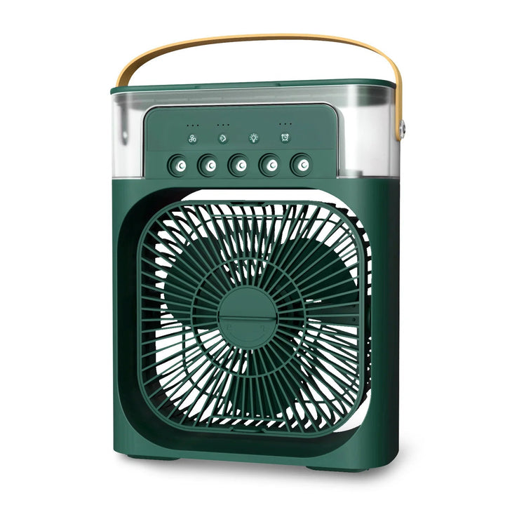 Mini climatiseur USB portable, brumisateur et ventilateur LED pour une fraîcheur optimale au bureau.