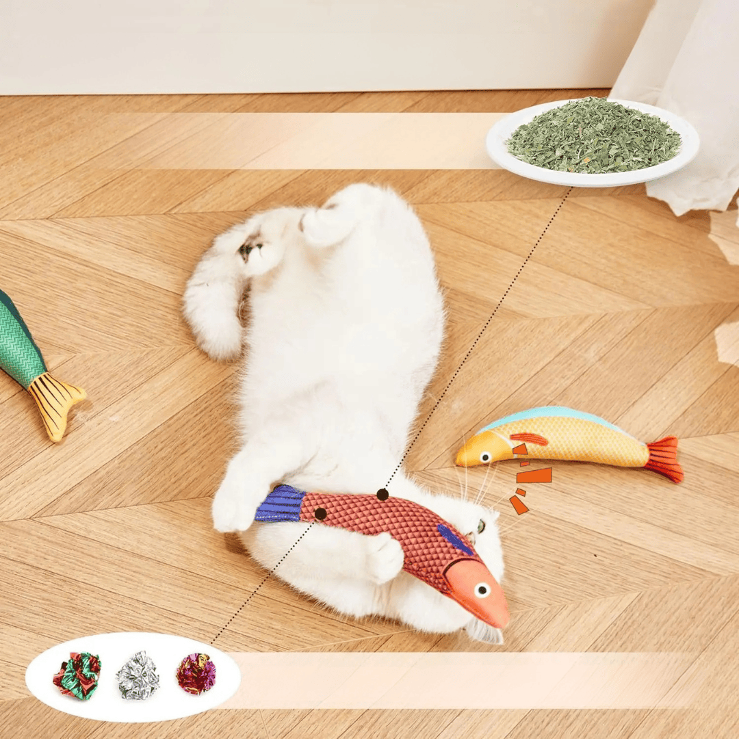 Jouet poisson anti-ennui pour chats, en tissu résistant, avec herbe à chat pour une attraction maximale du félin.