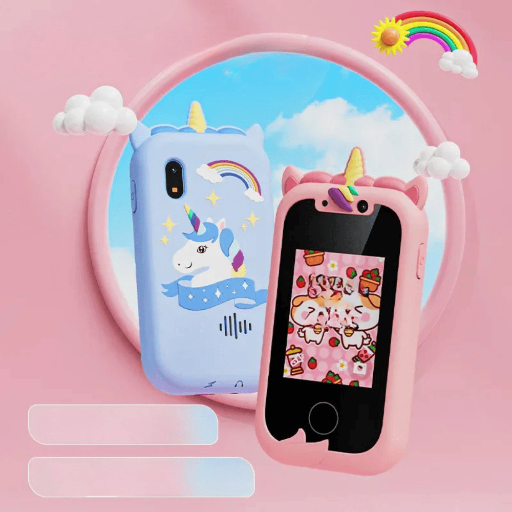 Téléphone jouet éducatif bleu pour enfants, caméra intégrée, écran tactile et silicone antichoc.