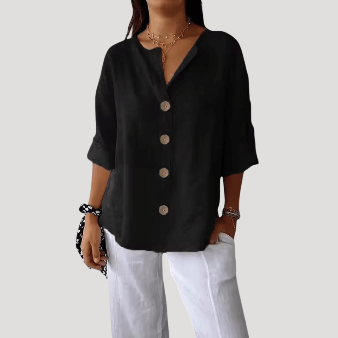 Blouse femme décontractée et chic, col V boutonnée, parfaite pour le quotidien et les saisons printemps/été.