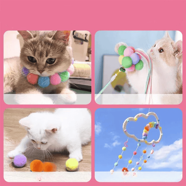 Accessoire chat: balles pompon douces et silencieuses, idéales pour un jeu discret sans bruit.
