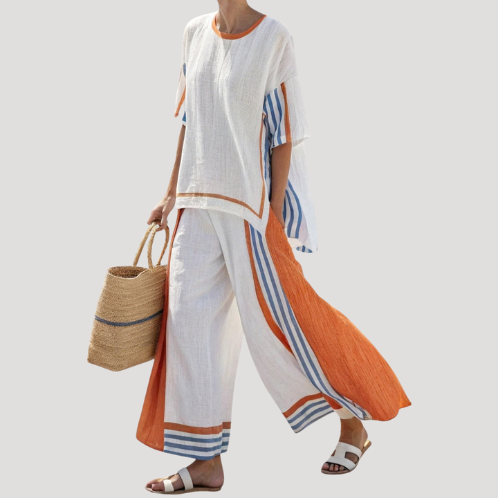 Ensemble femme été décontracté avec tunique et pantalon large fluide, idéal pour une tenue estivale.
