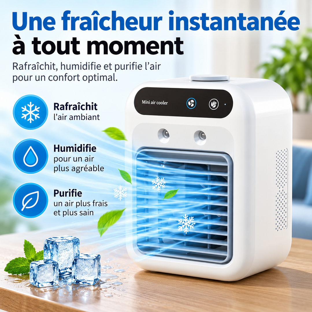 Humidificateur d'air et ventilateur personnel portable USB, pour un confort estival optimal.
