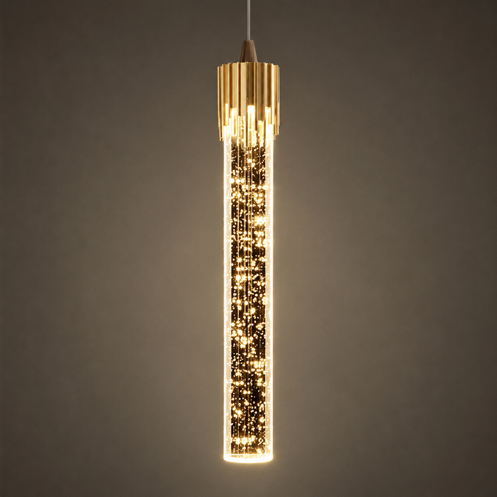Lampe suspendue contemporaine en verre, forme cylindrique, pour un éclairage d'intérieur élégant.