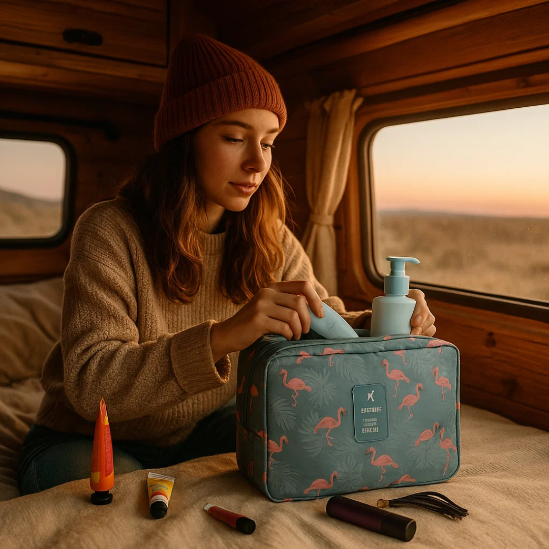 Organisateur cosmétiques suspendu pour voyage, sac étanche à motif floral.
