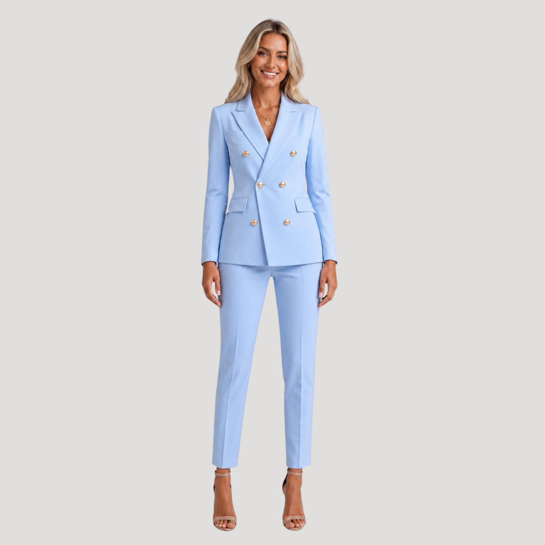 Tailleur pantalon femme croisé à double boutonnage, ensemble élégant pour tenue professionnelle chic.