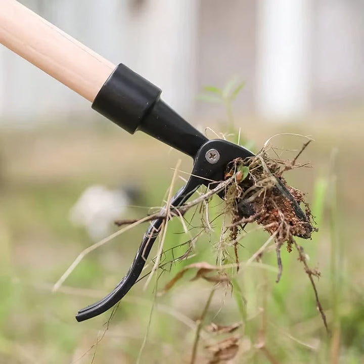 Désherbeur debout WeedGrip pour éliminer les mauvaises herbes et racines sans effort, un outil de jardinage écologique.