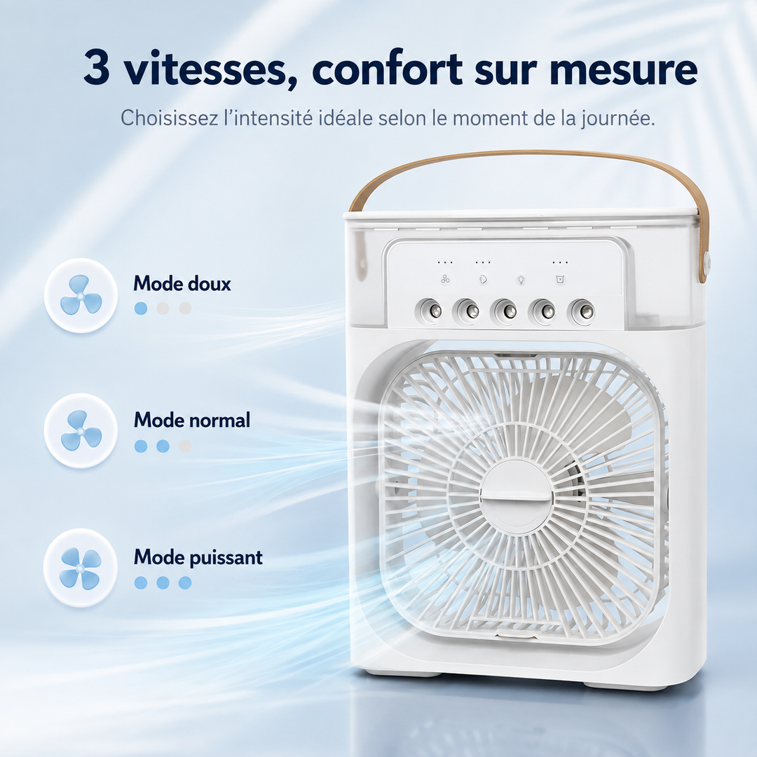 Rafraîchisseur d'air brumisateur LED, design portable, assure une fraîcheur immédiate à domicile.