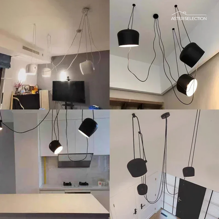 Suspension plafonnier LED araignée, avec multiples bras ajustables. Design moderne pour salon.
