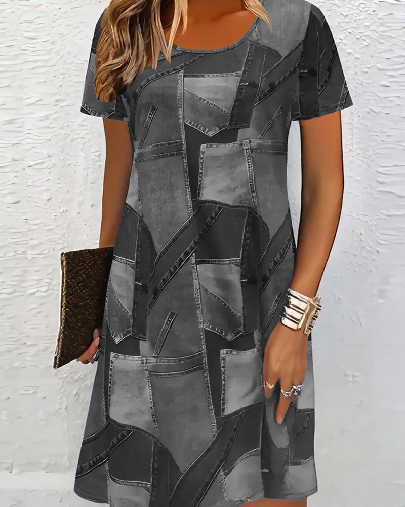 Robe d'été femme décontractée avec imprimé coloré, manches courtes. Confortable et tendance pour la mode estivale.