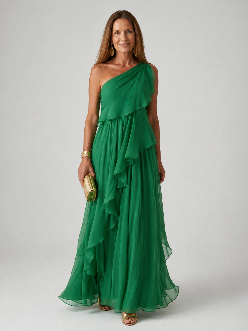 Robe maxi femme asymétrique à volants, chic et fluide pour occasions spéciales.
