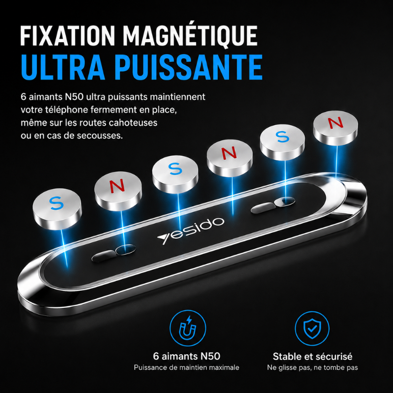 Élégant support magnétique téléphone voiture argent, design compact pour tableau de bord.