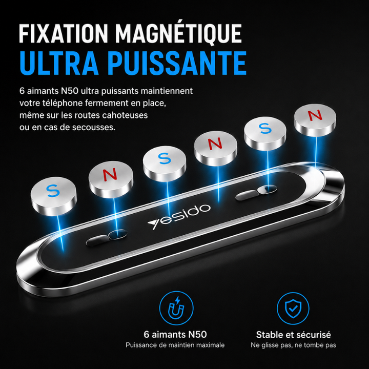 Élégant support magnétique téléphone voiture argent, design compact pour tableau de bord.