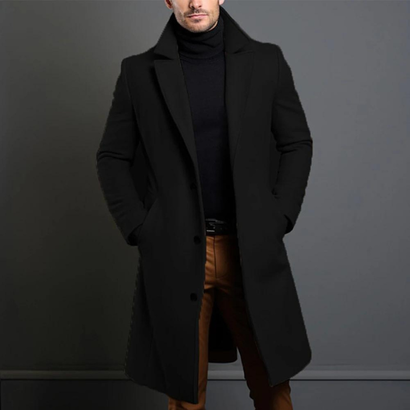 Manteau homme classique noir, coupe élégante, style intemporel, parfait pour l'hiver et tenues formelles ou décontractées.