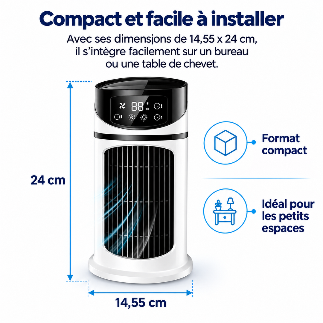 Rafraîchisseur d'air évaporatif USB, 6 vitesses, humidificateur, minuterie. Parfait pour bureau et maison.