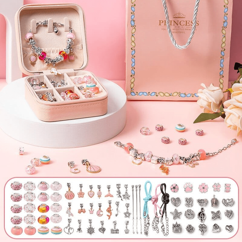 Kit loisirs créatifs bracelets pour enfants: perles colorées, breloques et fils. Bijoux DIY amusants.