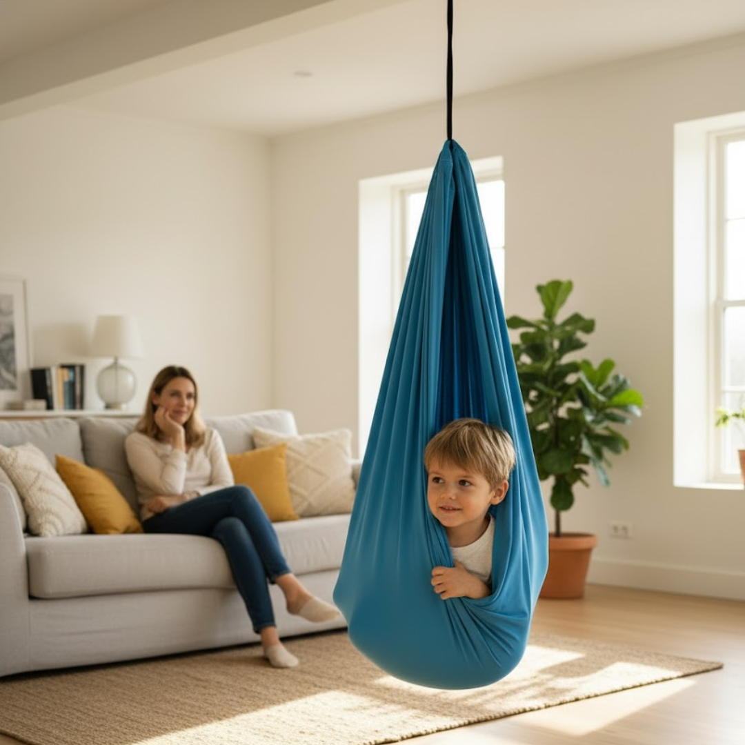 Balançoire thérapeutique pour enfants. Aide relaxation, autisme, TDAH. Stimulation sensorielle douce.