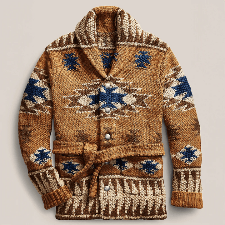 Cardigan homme Arman en jacquard style ouest-américain vintage. Gilet élégant et confortable pour l'automne-hiver.