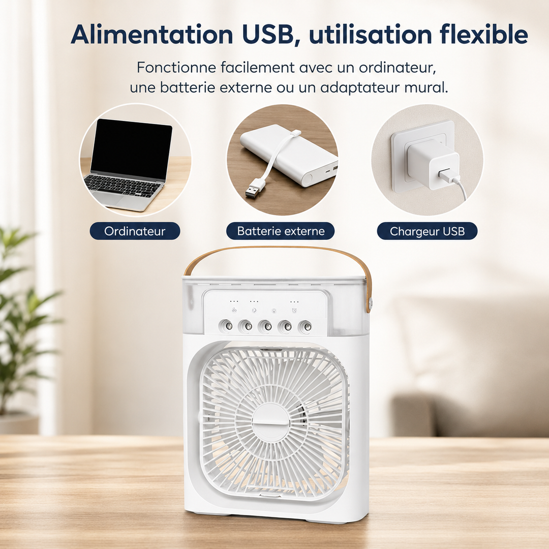 Ventilateur portable LED et brumisateur d'air 3-en-1, solution fraîcheur pour bureau et chambre.