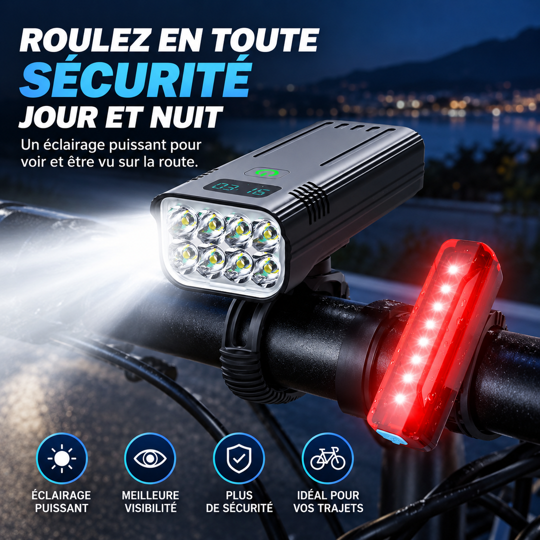 Cycliste utilisant le kit lumières vélo LED 8000 lumens, éclairage avant et arrière pour trajets nocturnes en VTT.