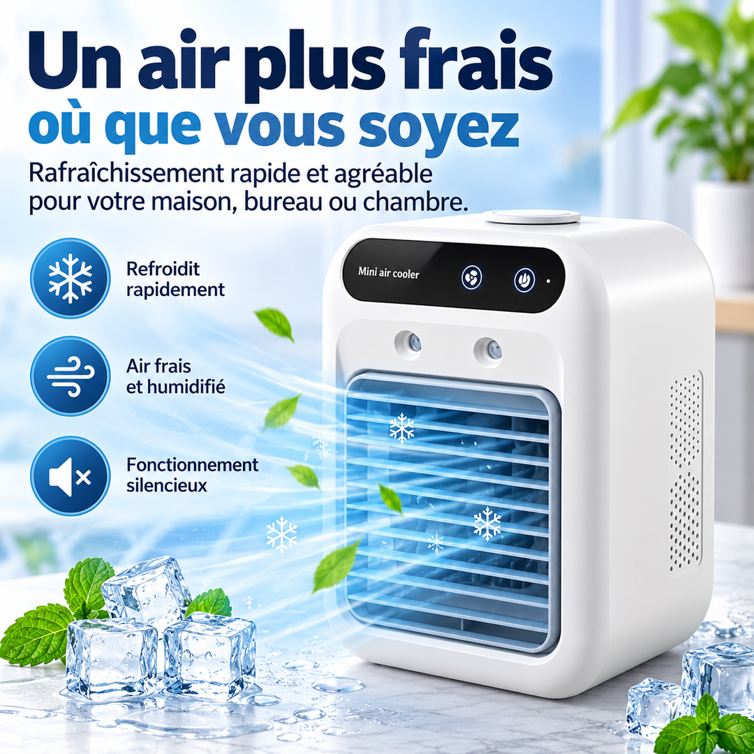 Rafraîchisseur d'air compact USB pour usage personnel sur bureau, léger et efficace.