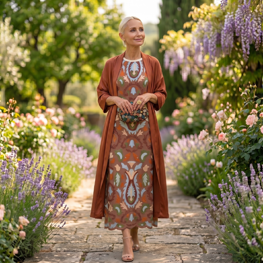 Ensemble élégant robe longue femme et veste chic, parfait pour tenue de soirée ou occasion spéciale.