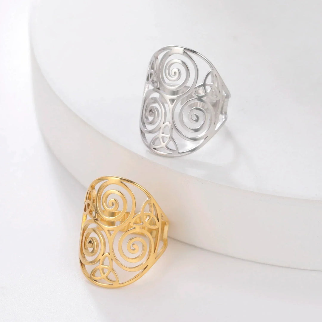 Bague triskel celtique réglable pour femme, en acier, avec symbole de transformation. Bijou spirituel pour cadeau.