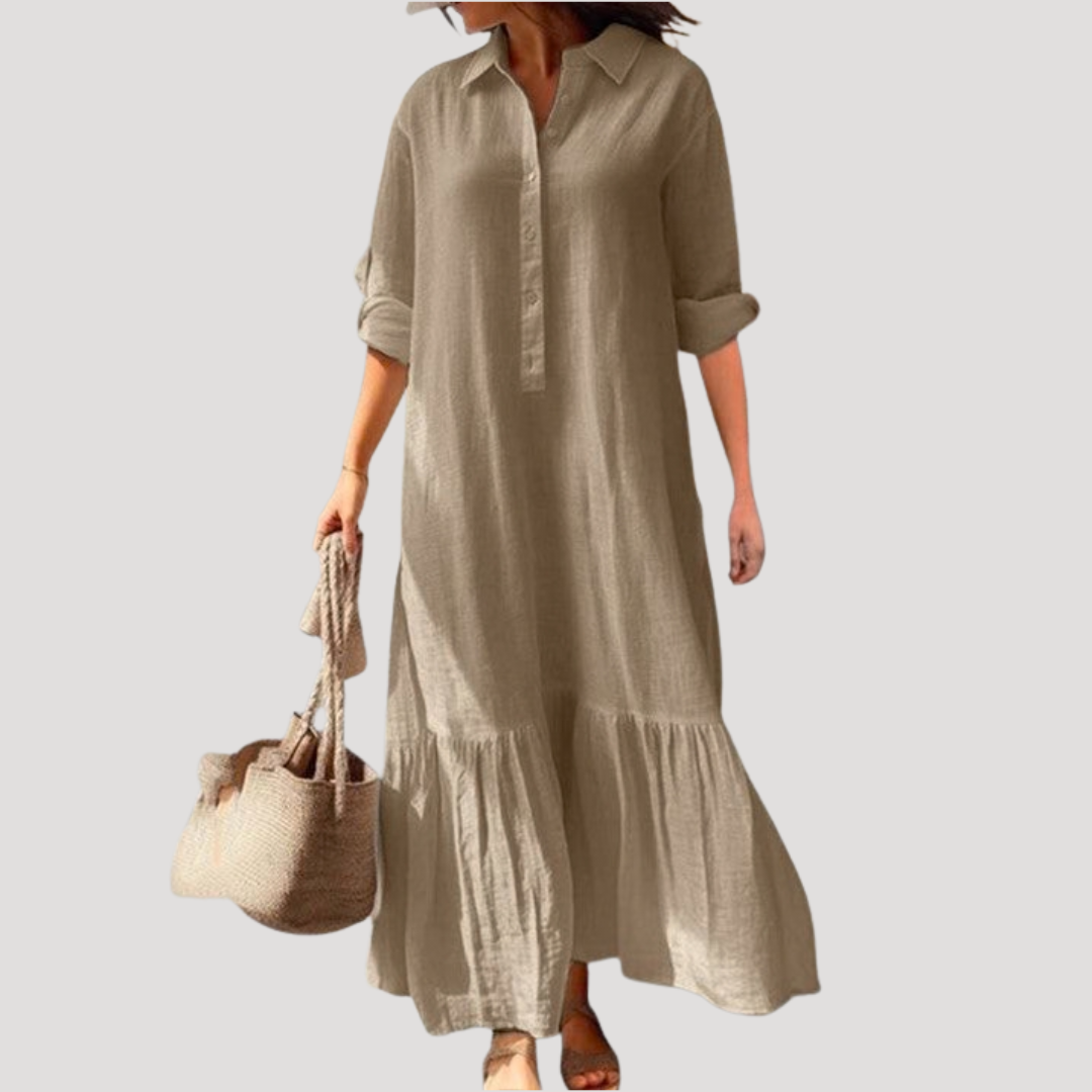 Robe longue fluide élégante style chemise pour femme, parfaite pour le printemps et l'été.