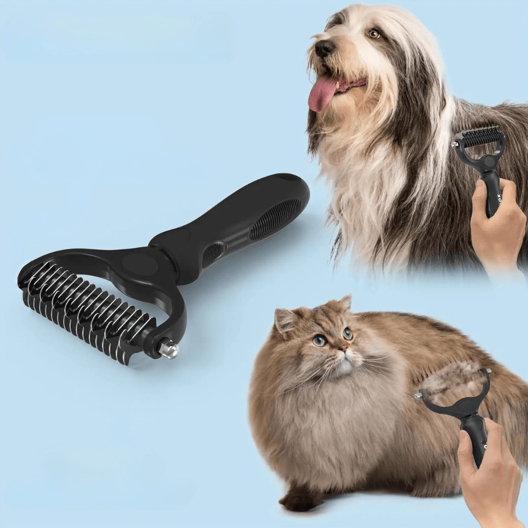 Accessoire de toilettage brosse et peigne 2-en-1 pour chien et chat. Parfait pour démêler et entretenir les poils.