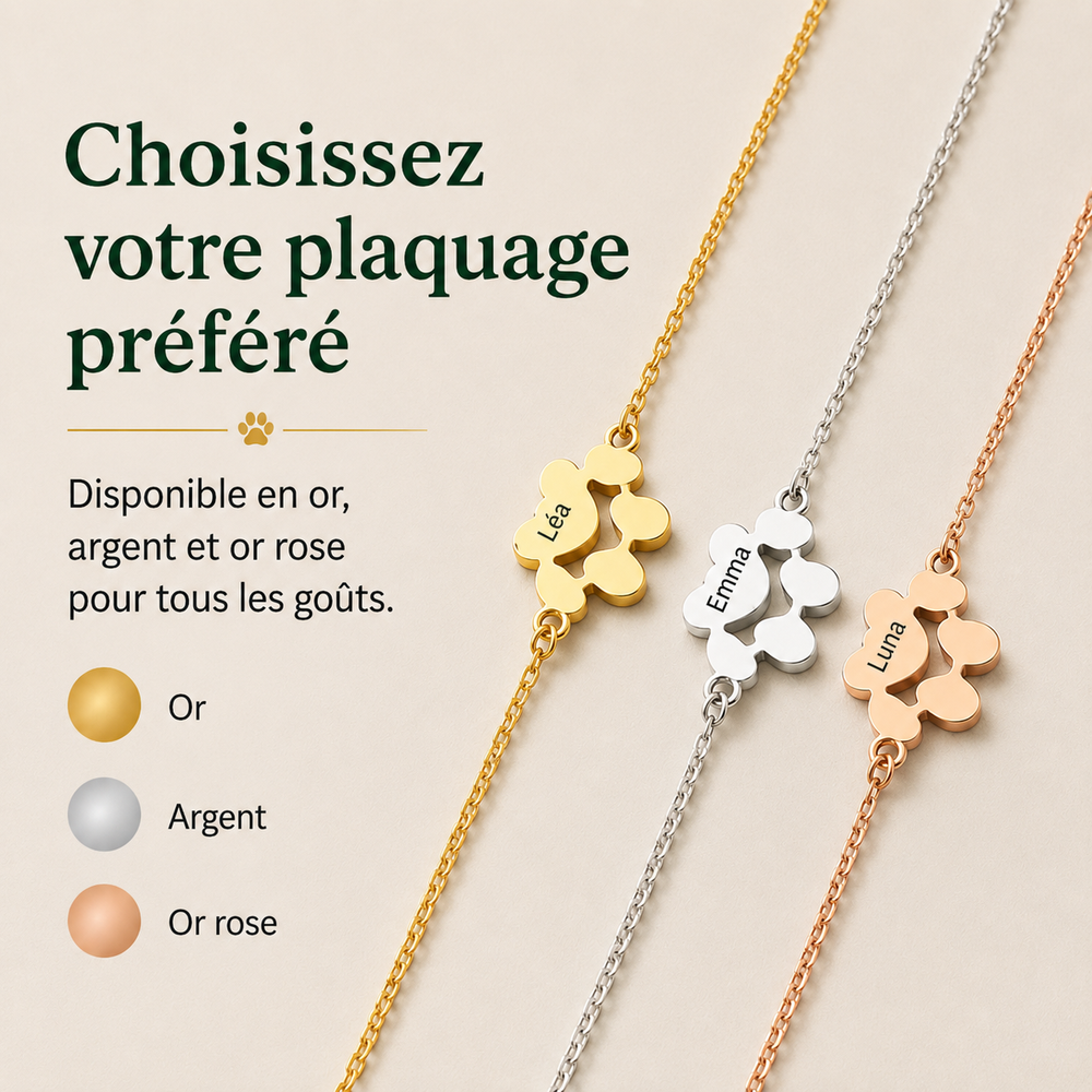 Bracelet femme personnalisé patte de chien, couleur or rose, un cadeau unique pour amoureuses d'animaux.