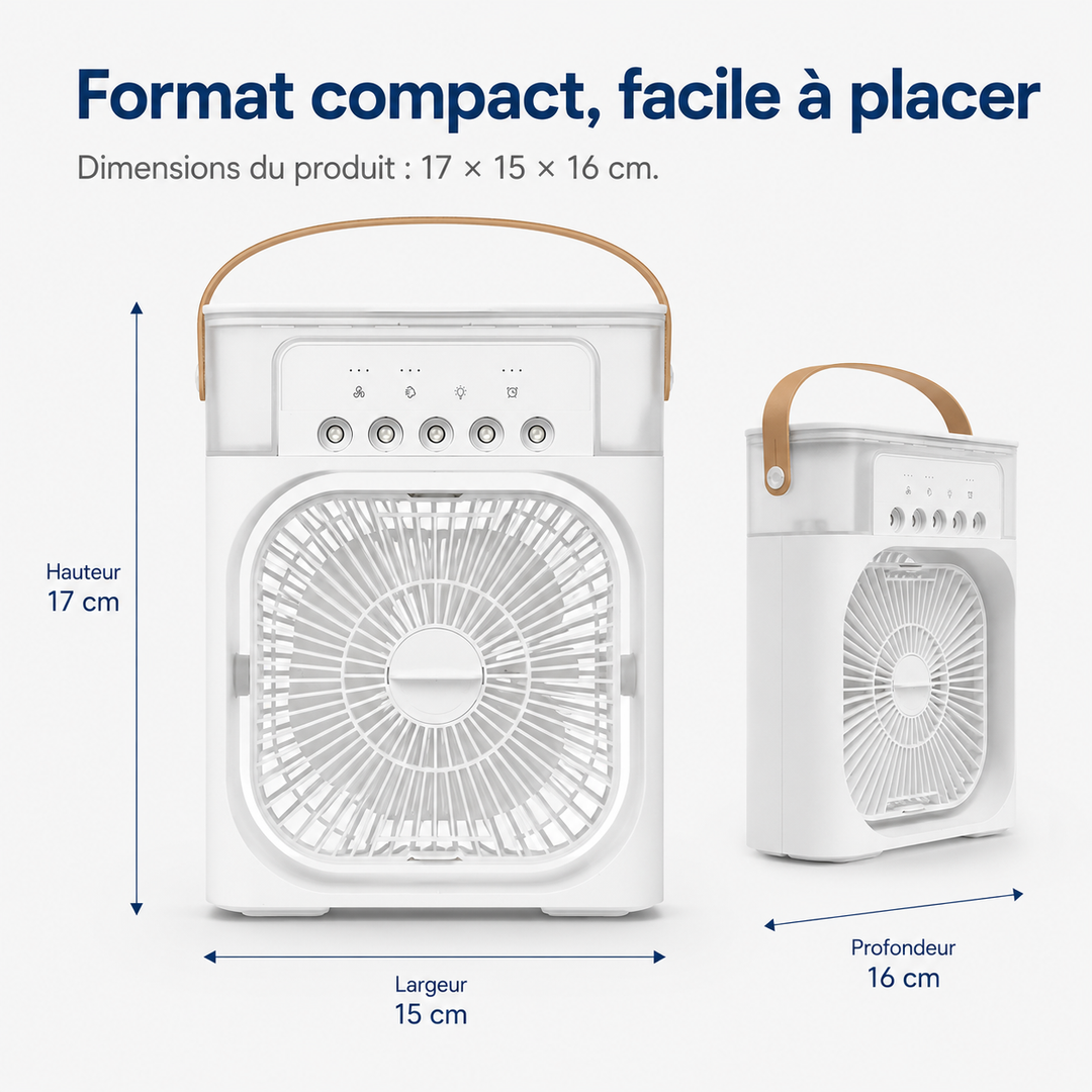 Mini climatiseur portable avec fonction brumisation et éclairage LED pour un confort d'été.