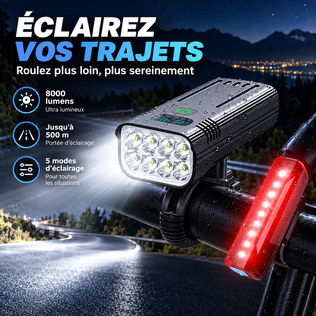 Lumière vélo avant LED 8000 lumens avec fonction banque d'alimentation, éclairage puissant et recharge USB pratique.
