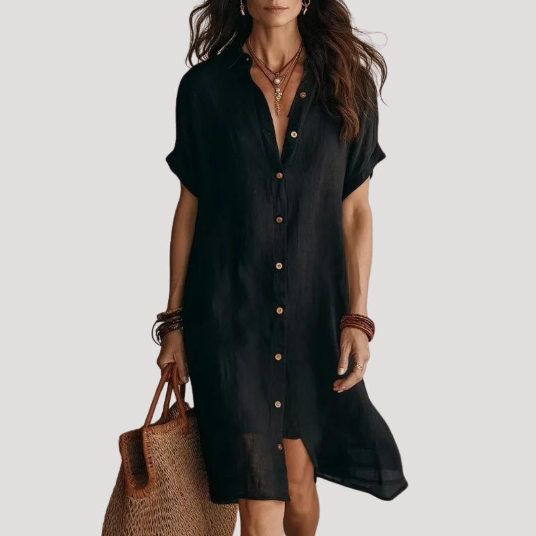 Robe chemise longue femme décontractée à col V. Idéale pour l'été et le printemps, style fluide et élégant.