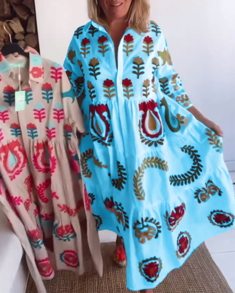 Élégante robe midi florale pour femme, coupe fluide, col revers, parfaite pour l'été.