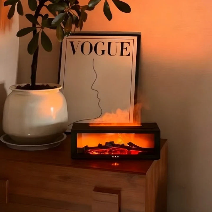 Diffuseur d'ambiance HearthGlow avec brume fraîche et flamme LED, pour un air sain et une décoration.
