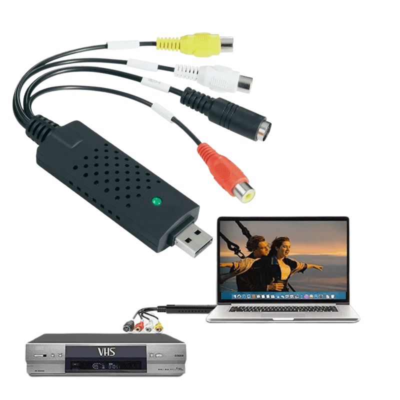 Dispositif de capture vidéo USB pour convertir cassettes VHS analogiques en format numérique sur ordinateur.