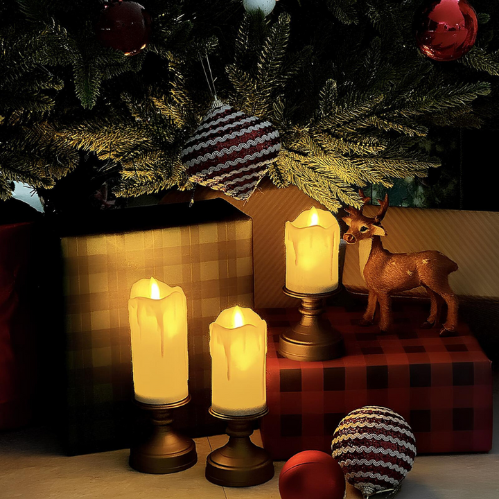 Lumière chaude et lumineuse de bougies LED sans flamme, pour une ambiance intérieure cosy et moderne.