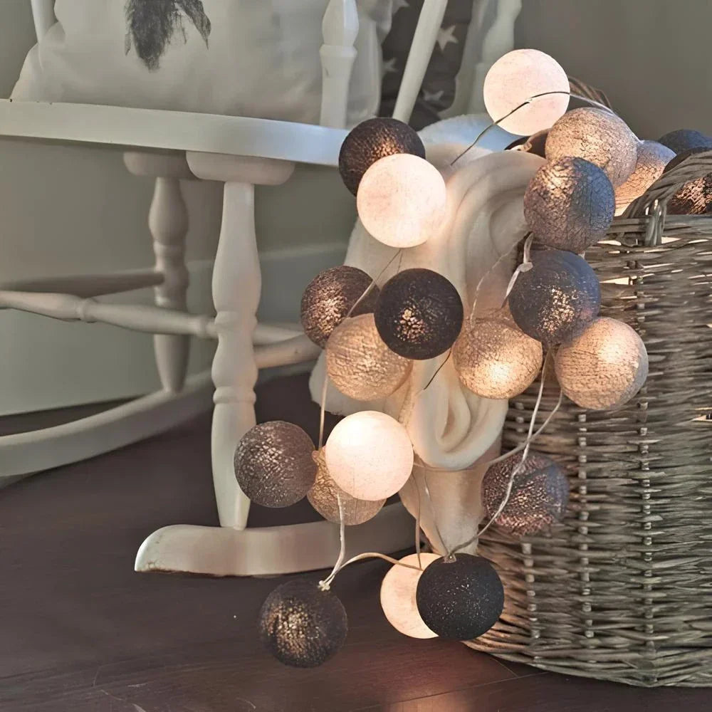 Zoom sur une boule de coton lumineuse LED de la guirlande, texture et lumière.
